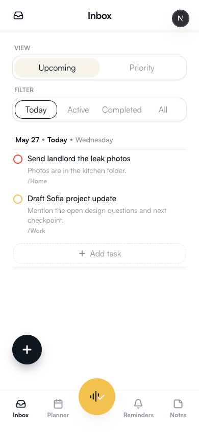 HeyBryan mobile inbox showing upcoming tasks for today.