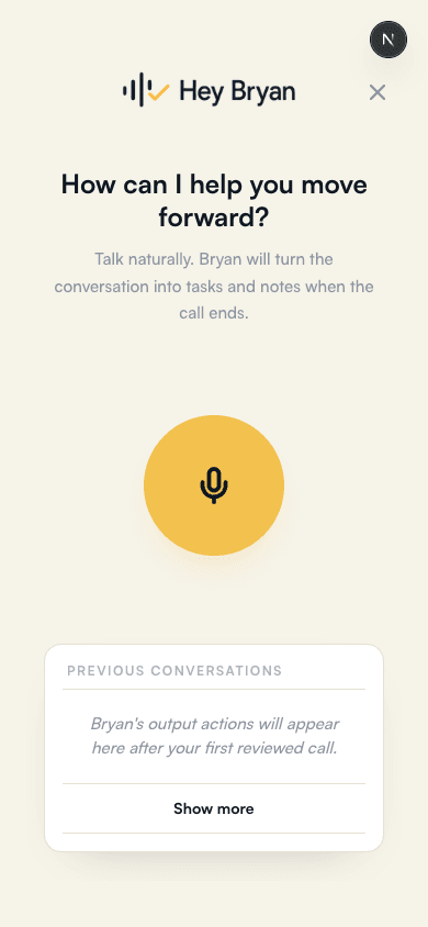 HeyBryan voice capture modal with a large microphone button.