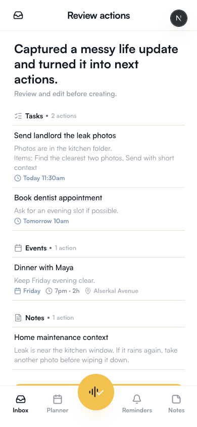 HeyBryan reviewing AI-extracted tasks, events, and notes from a voice capture.