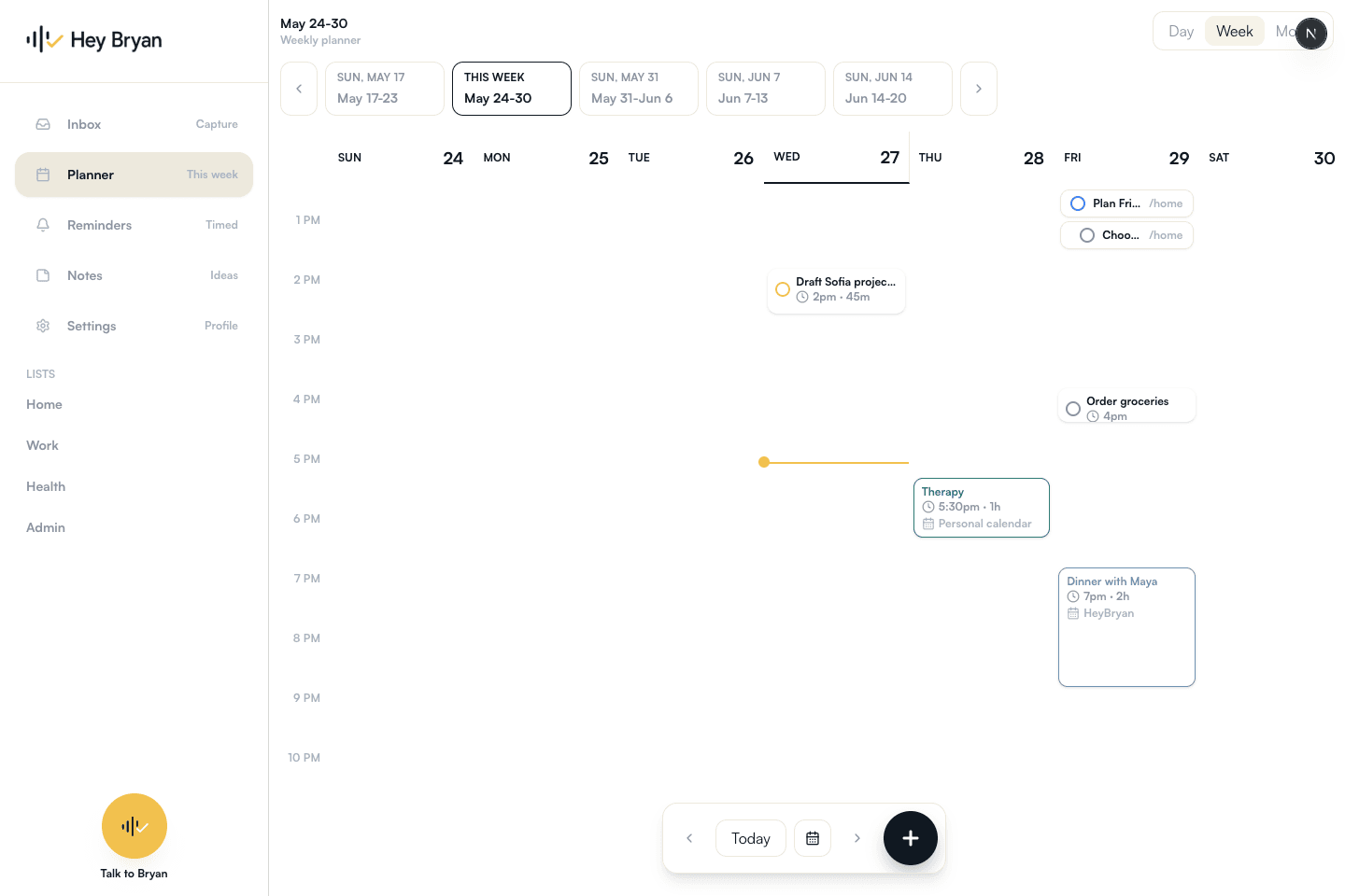 HeyBryan weekly planner showing tasks and events arranged across the week.