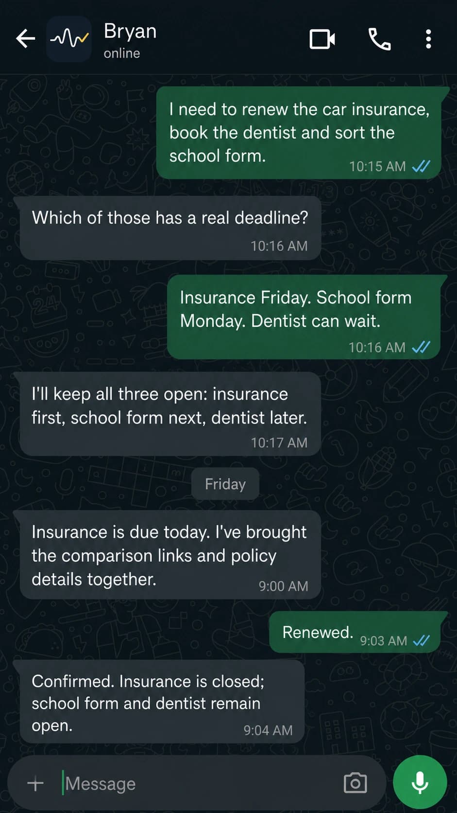 WhatsApp conversation where Bryan helps prioritise car insurance, a school form and a dentist appointment.
